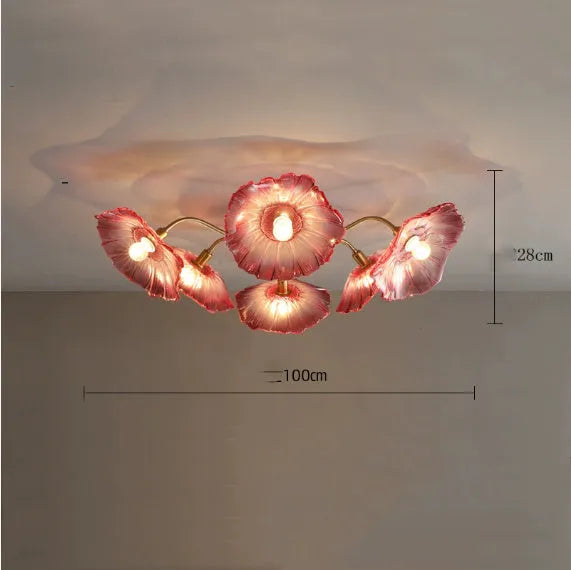 Modern white and purple floral design ceiling lamp with multiple flower heads for bedroom or hall.