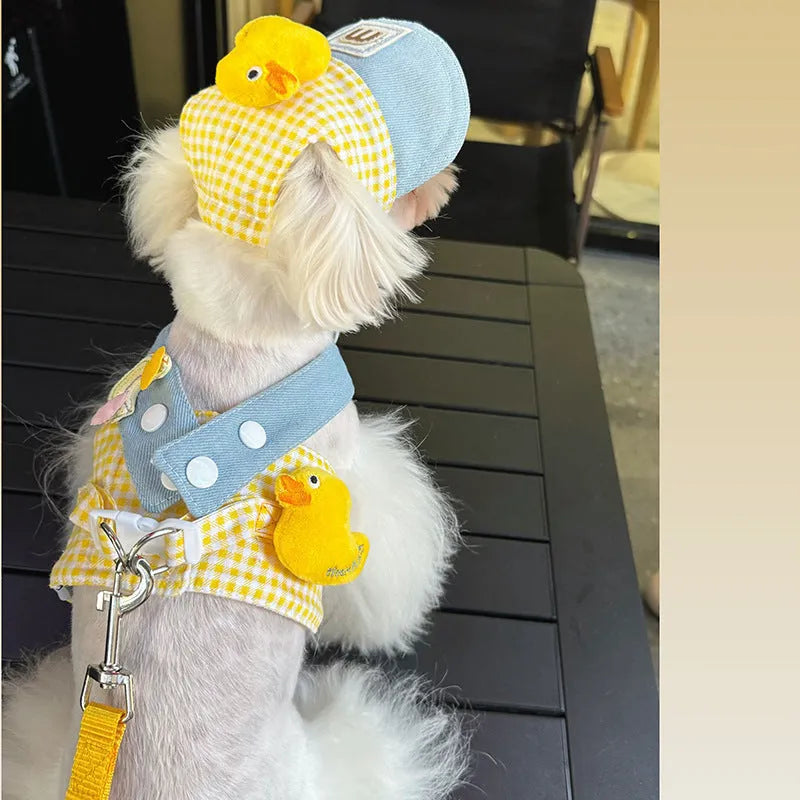 Three-piece pet harness and leash set with matching cute hat for cats and dogs