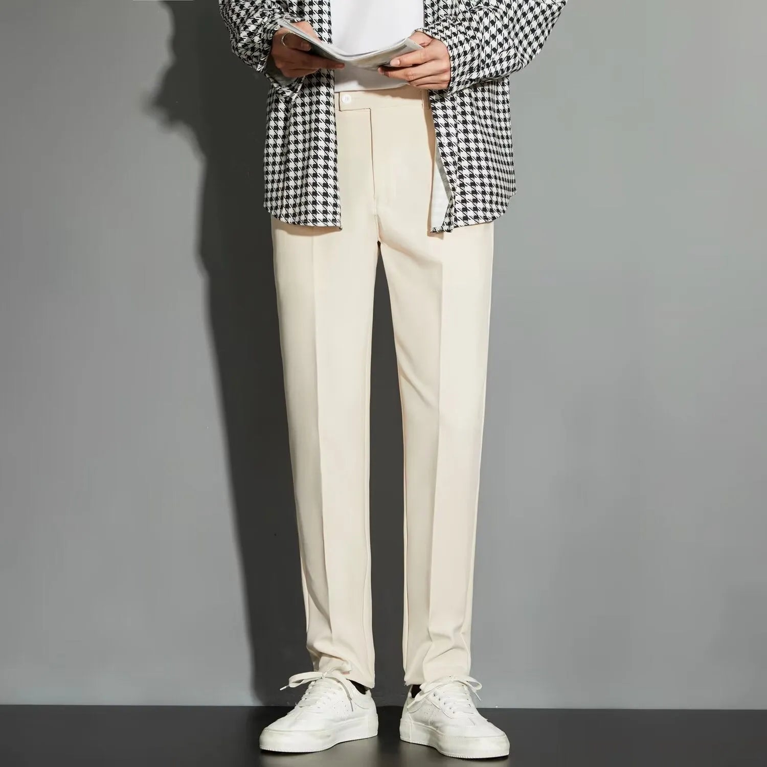 Men's straight-leg suit trousers in chemical fibre blend available in multiple colours and sizes
