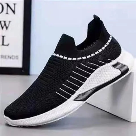 Men's striped mesh sock shoes with Flyknit upper and lace-up closure in black, white and black-white options