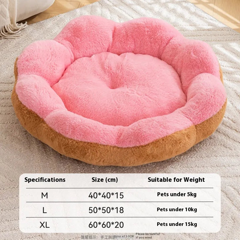 Round plush rabbit cat bed with removable inner nest in brown grey colour, showing deep walls.