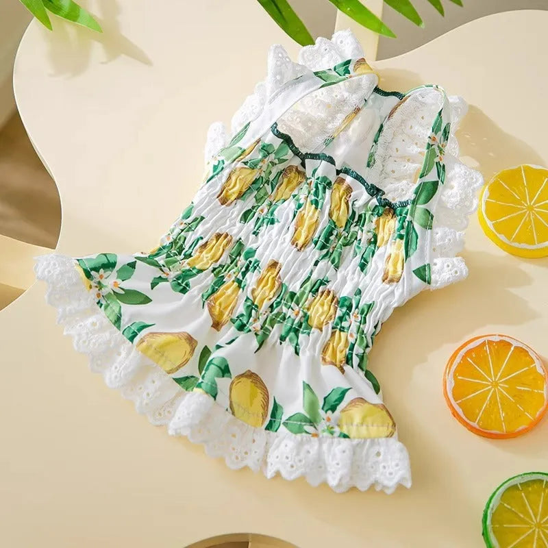 Rock yellow lemon polyester dog dress skirt with adjustable straps on small dog