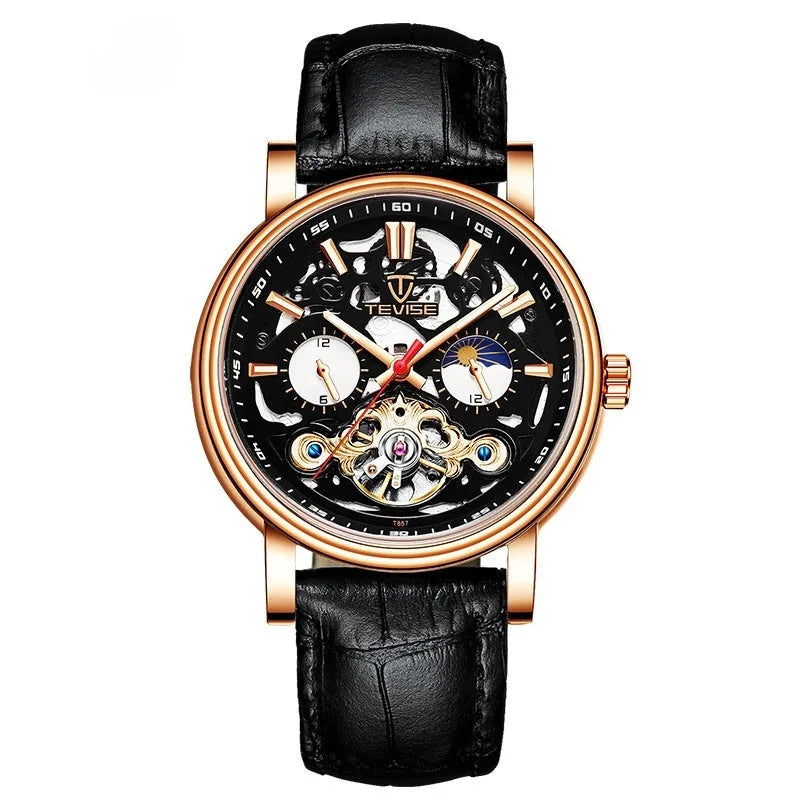 Men's tourbillon mechanical watch with luminous hands on a steel bracelet, showing a black dial.