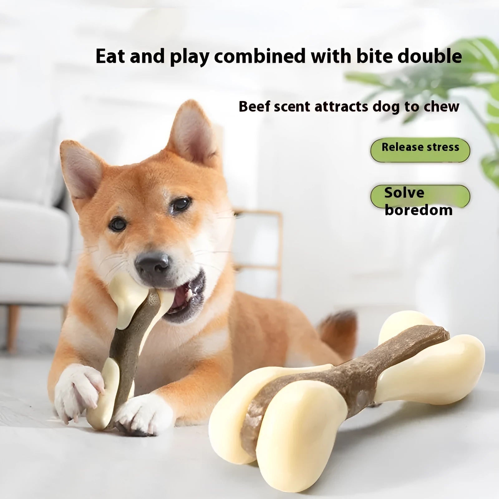 Cowhide and nylon bone grinding rod dog chew toy in two size options.