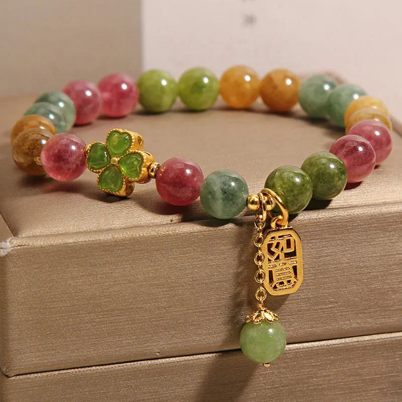 Natural tourmaline ruyi pendant bracelet for women with alloy inlay and rhinestone accents on wrist