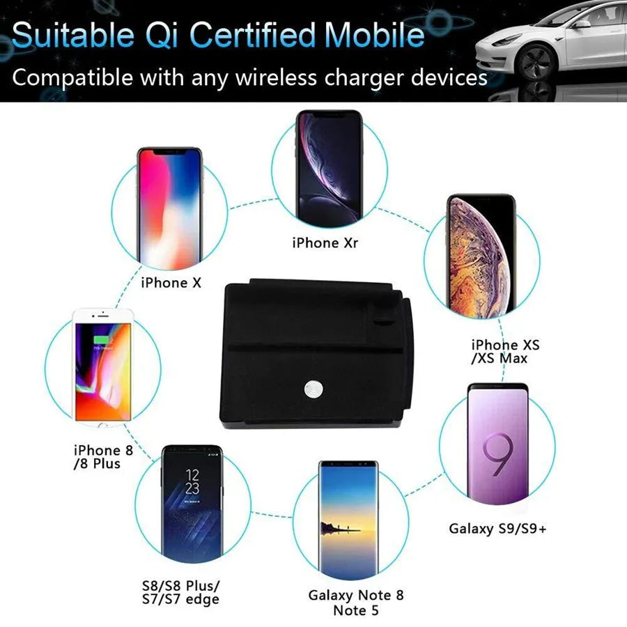 Black wireless charging storage box with QI standard fast charging capability