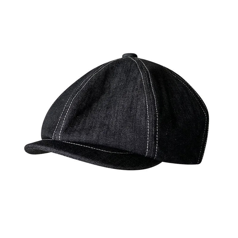 Black Japanese denim cotton beret hat shown on adult head