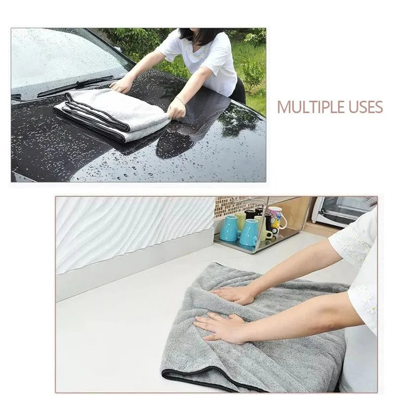 Microfiber car wash and detailing towel shown in three size options: 75x35cm, 60x40cm, and 100x40cm.