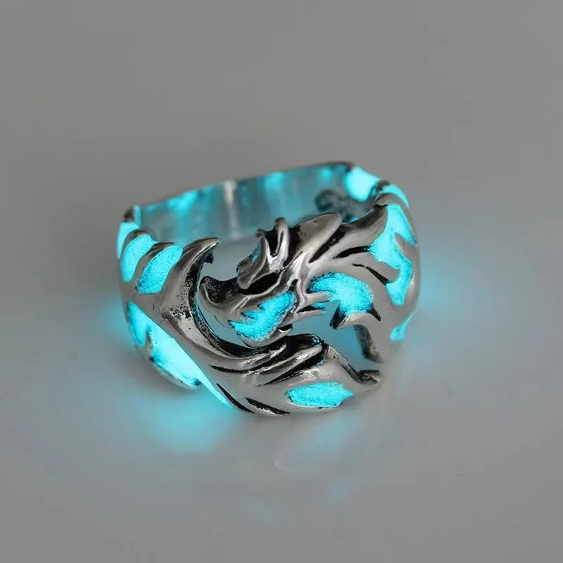 Adjustable Chinese dragon ring with luminous pattern in antique silver blue and green