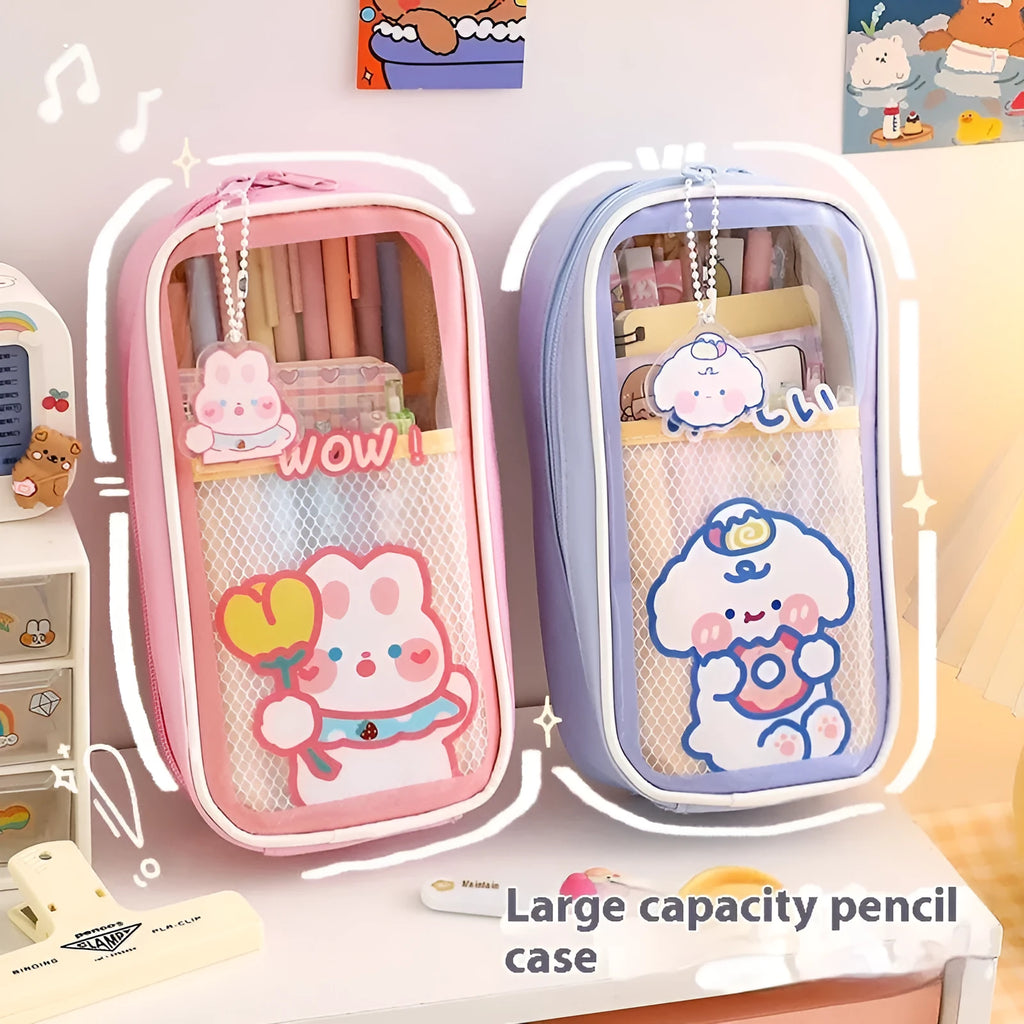 Transparent cartoon pencil case with caramel bear design and large capacity for student stationery