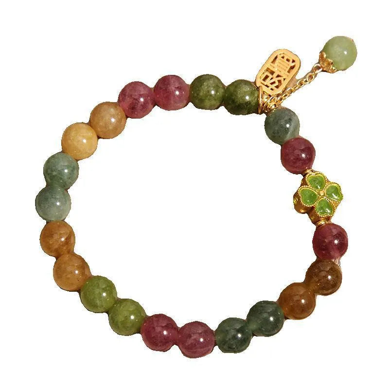 Natural tourmaline ruyi pendant bracelet for women with alloy inlay and rhinestone accents on wrist