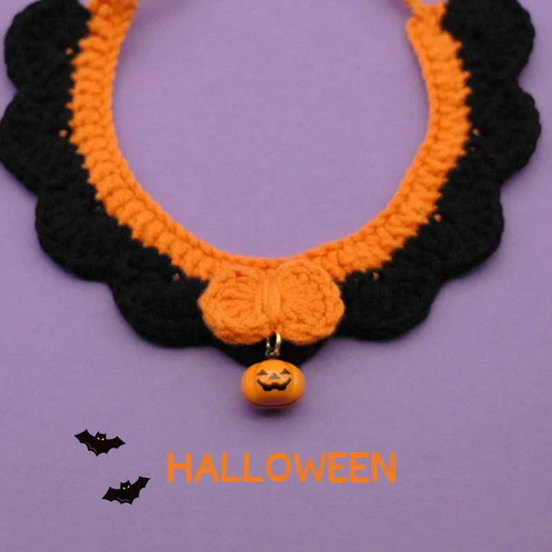 Hand crocheted wool Halloween pet collar with adjustable sizing for cats and dogs