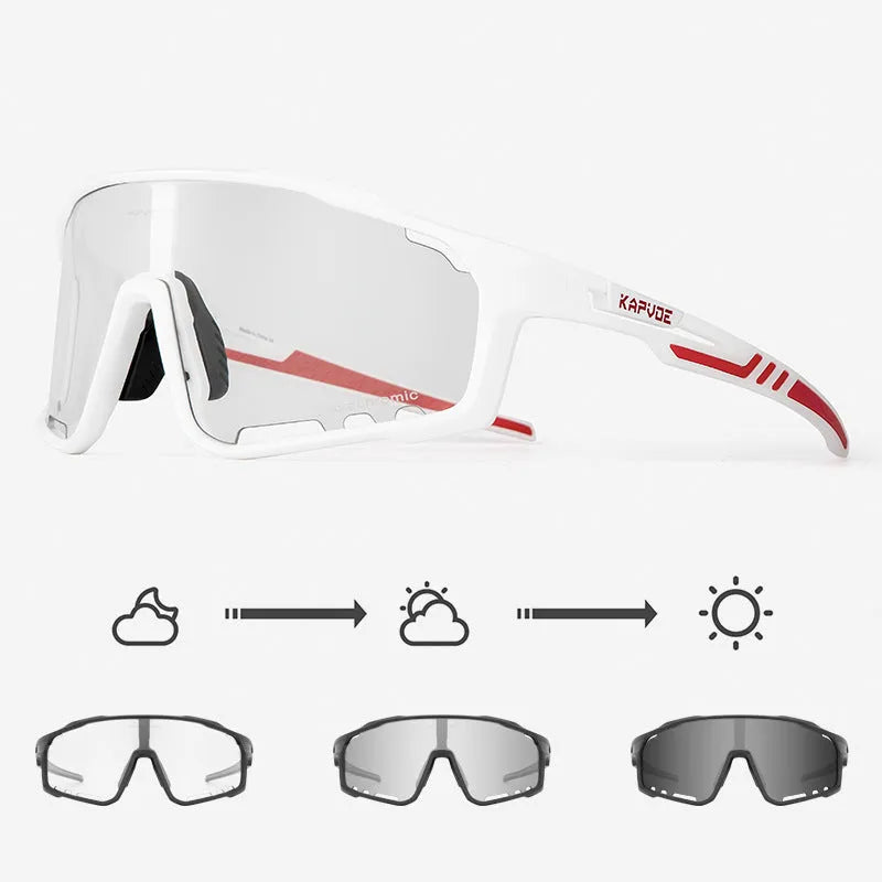 Photochromic cycling sunglasses with semi-rimless TR90 frame on a bicycle helmet.