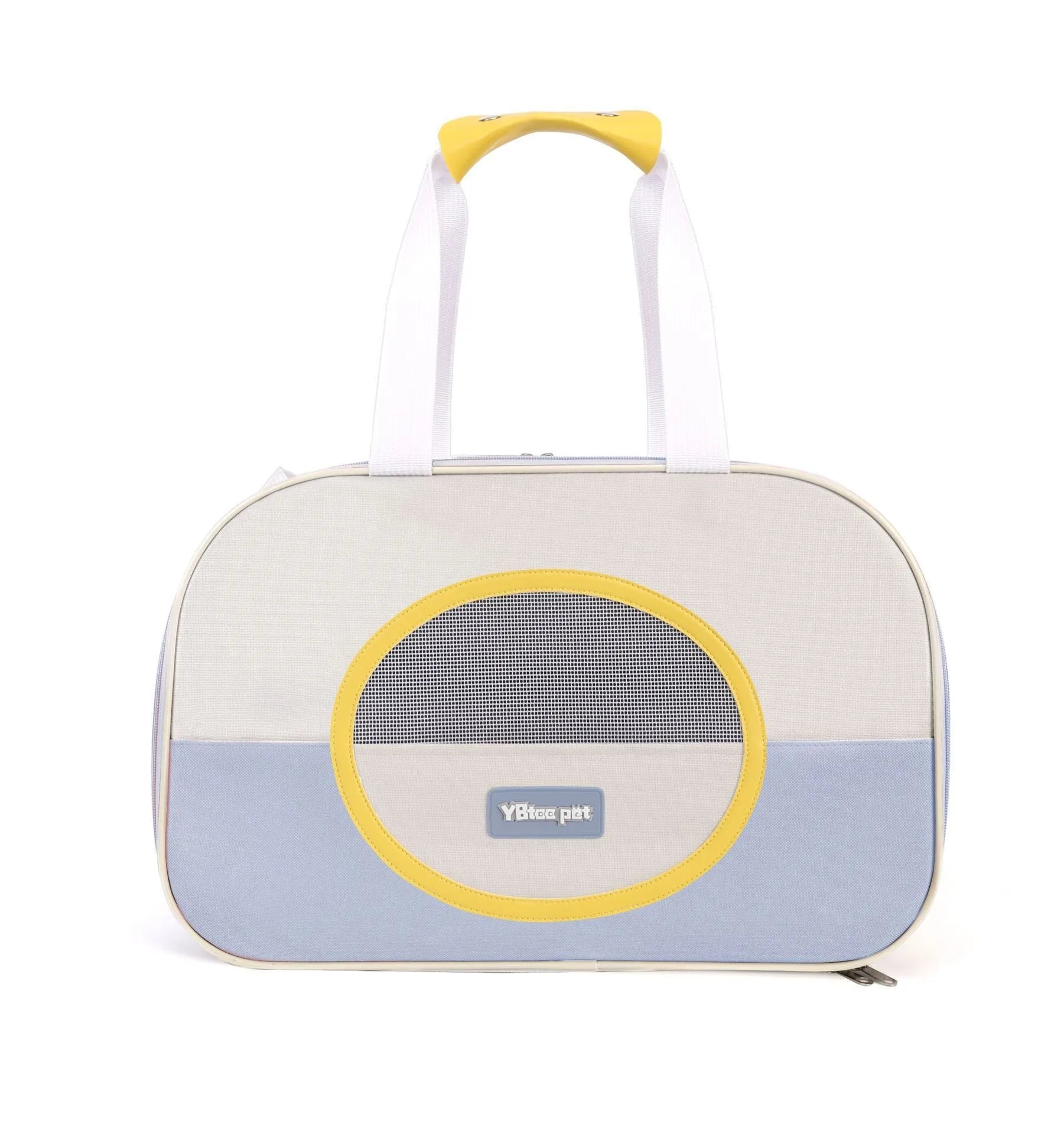 Blue foldable cat backpack made from Oxford cloth with contrast colour pattern and shoulder straps