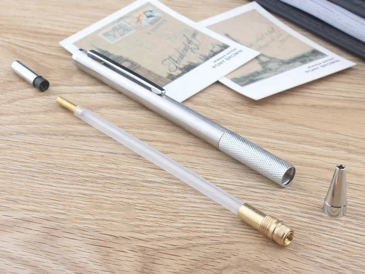Metal automatic mechanical pencil showing lead size options from 0.3mm to 3.0mm for writing and drafting