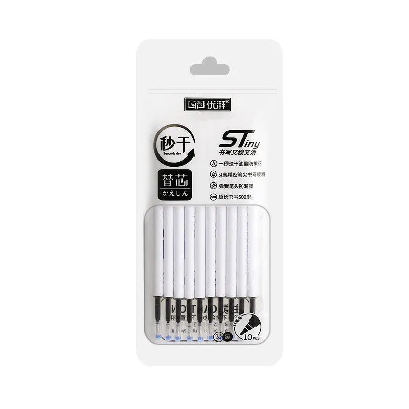 Quick-drying 500m pen refill in black, blue, ink blue, and red colours from a 10-bag pack.