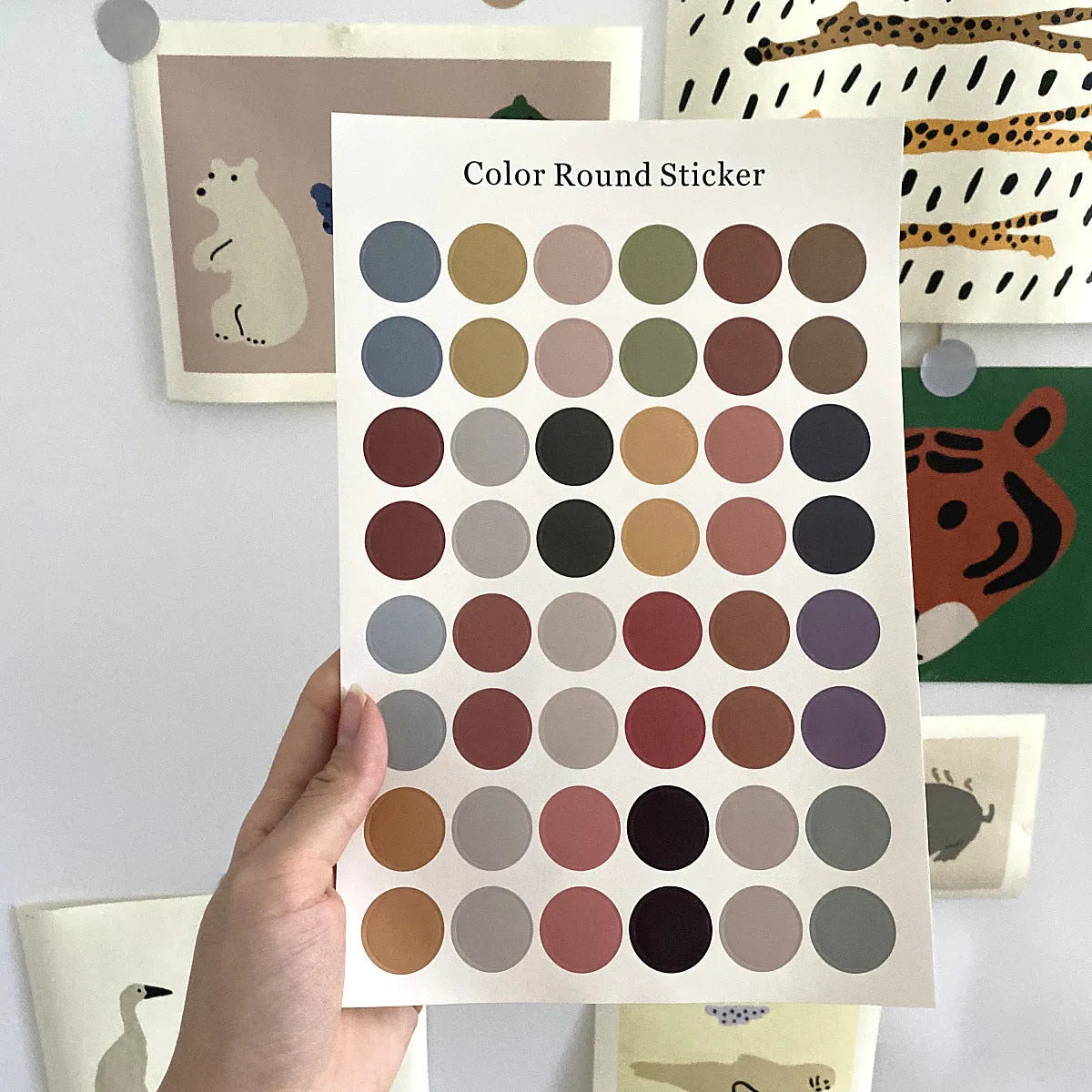 Morandi earth colour polka dot hand account seal sticker sheet with 48 individual 2cm circles.