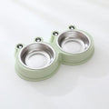 Stainless steel double pet bowl for food and water with a non-slip base and frog design, in blue colour.