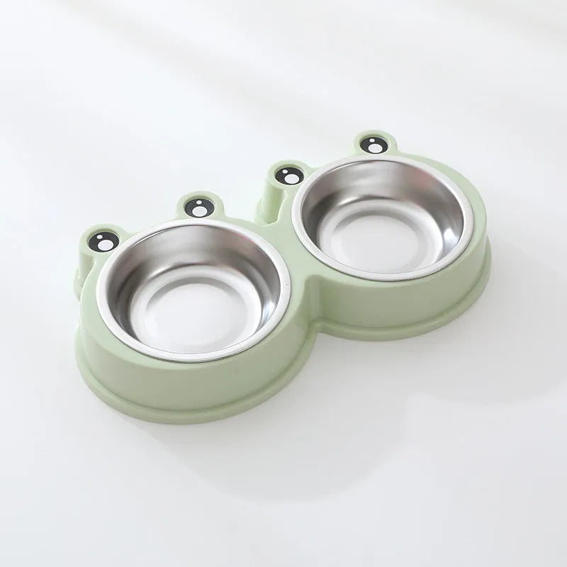Stainless steel double pet bowl for food and water with a non-slip base and frog design, in blue colour.