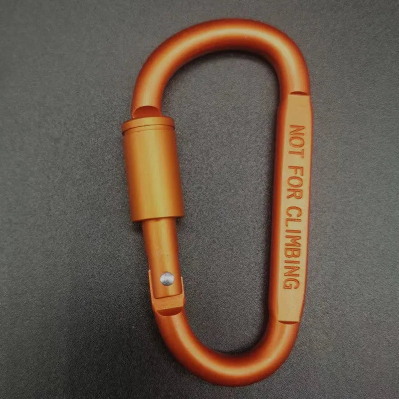 Aluminium D-type screw-lock carabiner in red, showing its 8cm size and flat-sided shape.