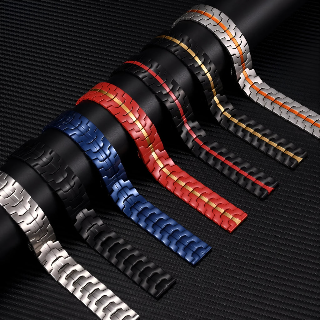 Stainless steel watch strap for Samsung Galaxy Watch in silver, showing business-style full band design.