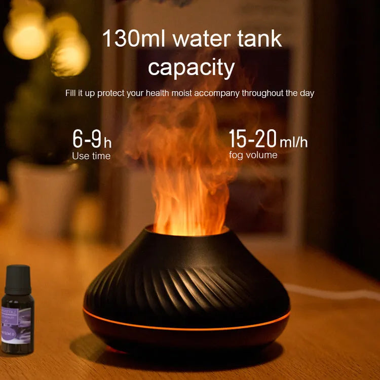 RGB flame aroma diffuser 130ml 3D colourful fire volcano effect night light black white, with Type-C cable