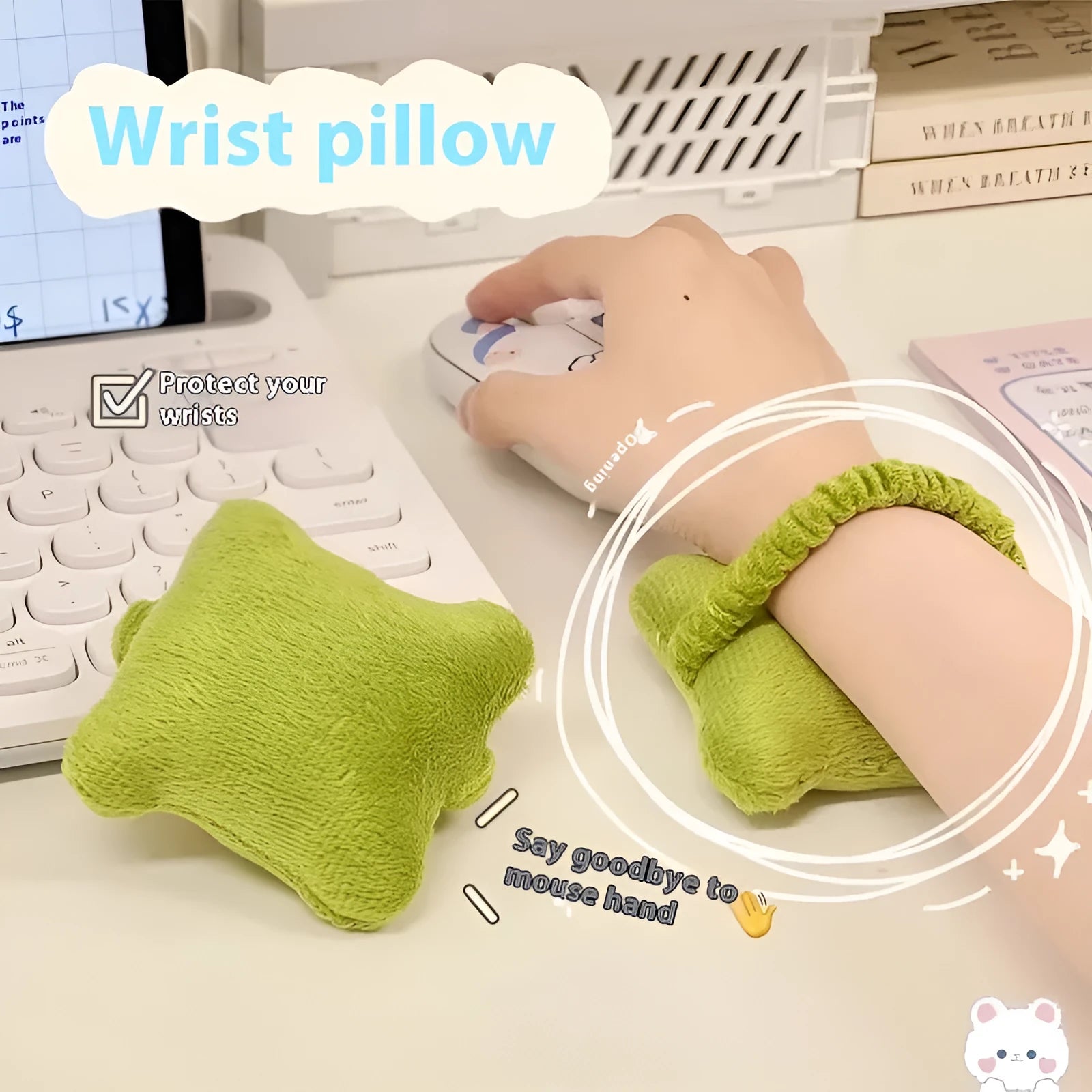 Plush polyester wrist protector mouse pad in blue, green and pink colour options