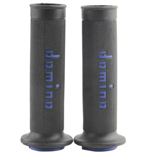 A pair of motorcycle handle gel grips in rubber, showing 22mm and 24mm size options and multiple colour choices.