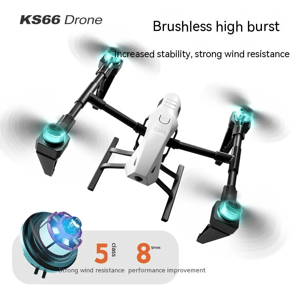 White KS66 alloy UAV drone with camera and propellers, remote control, and accessories on a neutral background
