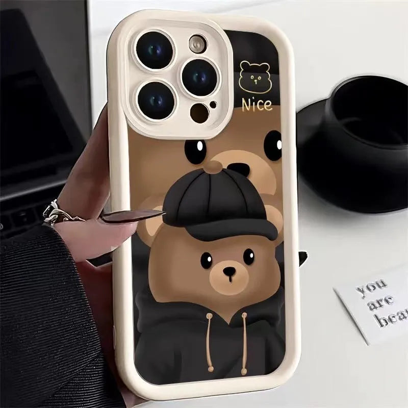 TPU phone case with cute bear design for Apple iPhone 7 to 15 series, available in three colours