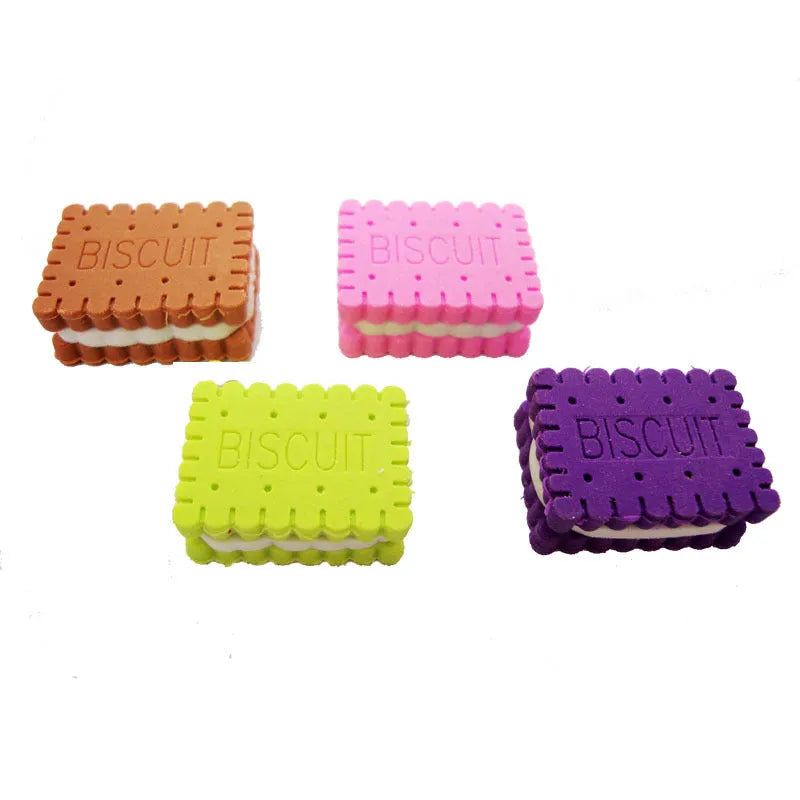 Sandwich biscuit shape eraser in brown, pink, green, or purple colour on a cake.