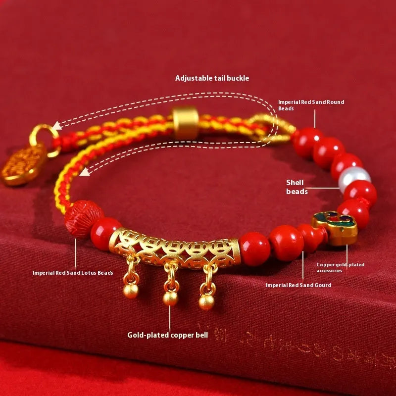 Women's cinnabar bracelet with hand-woven red sand rope and small round bell charm