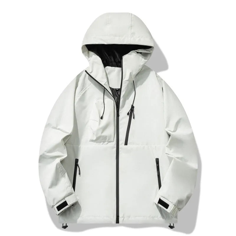 Men's black three-proof outdoor windproof waterproof jacket with zippered pockets, regular fit, polyester blend fabric