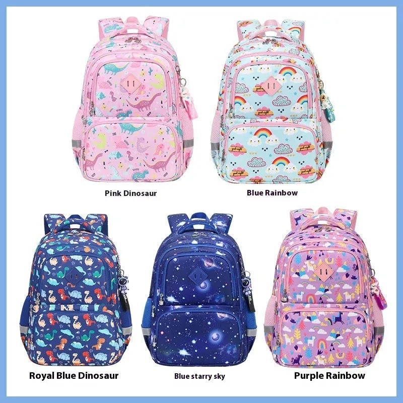 Children's waterproof school backpack in multiple colours including dinosaur and rainbow patterns