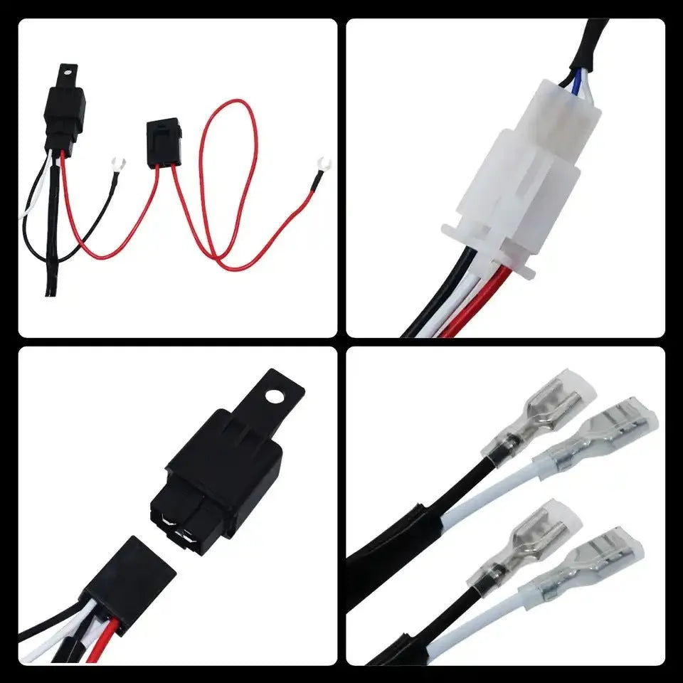 LED work light wiring harness with 2m silicone cable and one-to-two connectors for vehicle spotlights