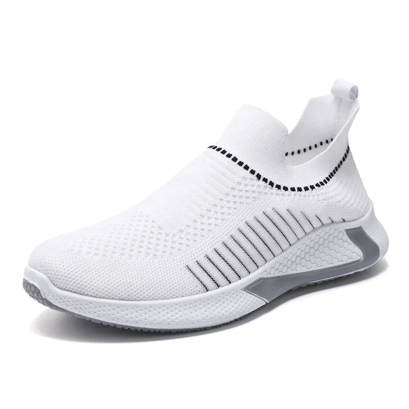 Men's striped mesh sock shoes with Flyknit upper and lace-up closure in black, white and black-white options