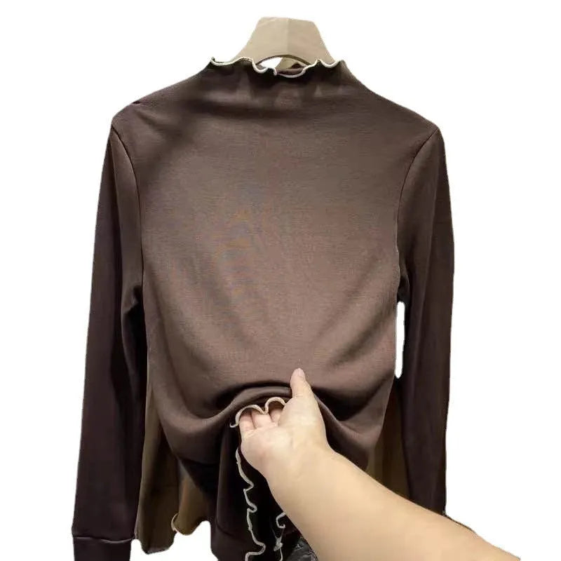 Women's half turtleneck long-sleeved top in polyester fibre, slim fit, 50cm length, six colours
