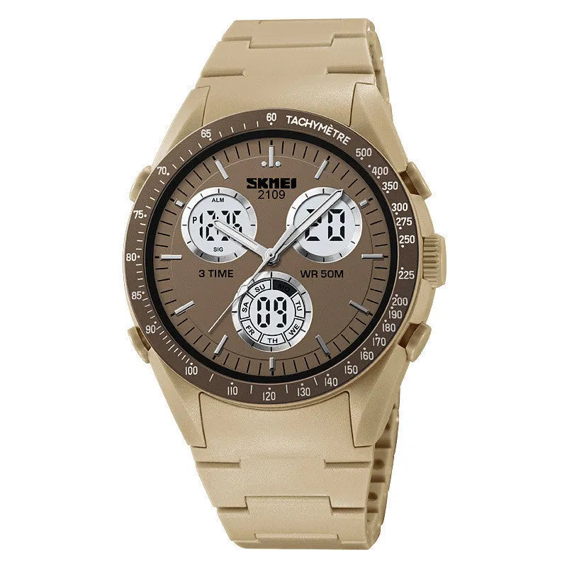 Unisex digital watch with camouflage strap and resin lens, showing time display and stainless steel buttons.