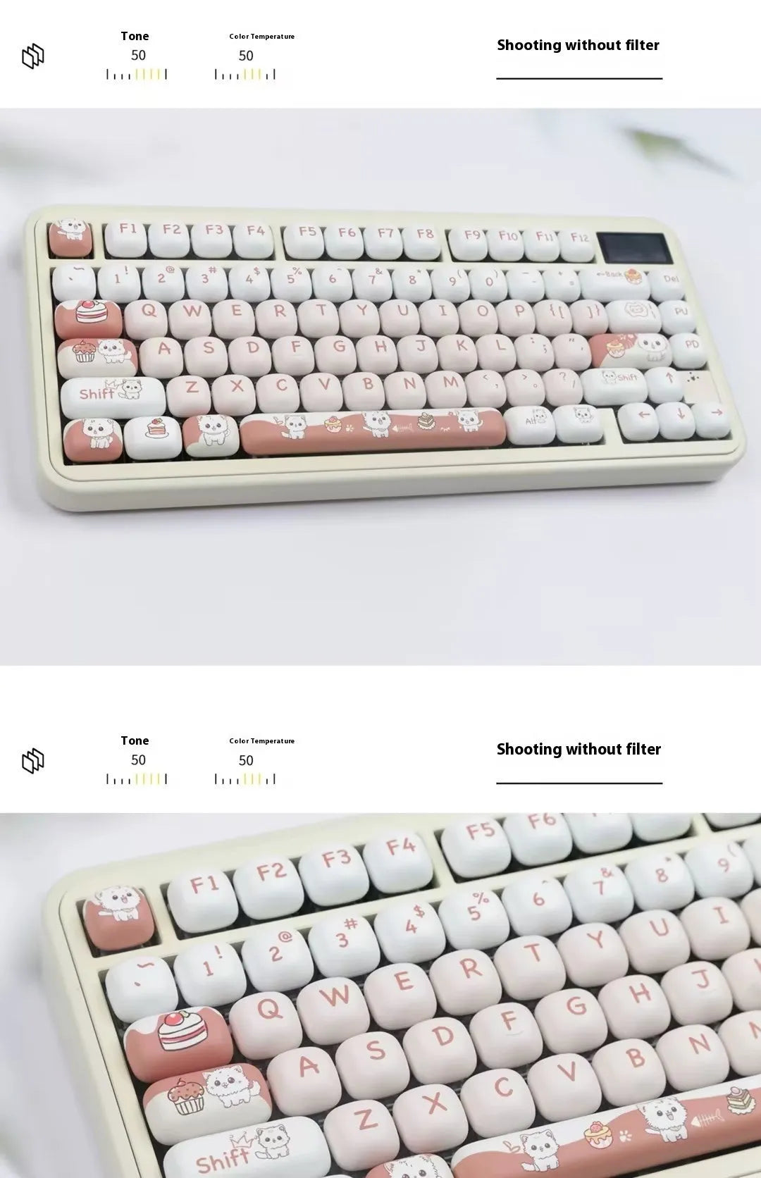 Complete set of MOG round key caps with sublimation-printed cartoon dessert cat design for mechanical keyboards.