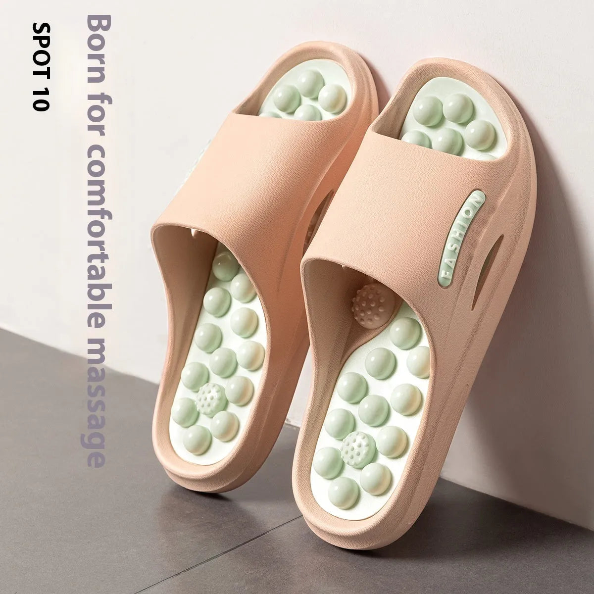 Ball massage sandals in purple, non-slip PVC with grape-particle studs, side view