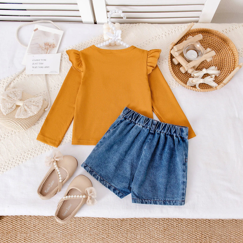 Girls flower embroidered khaki cotton denim shorts set with long-sleeve top for height 90-130cm