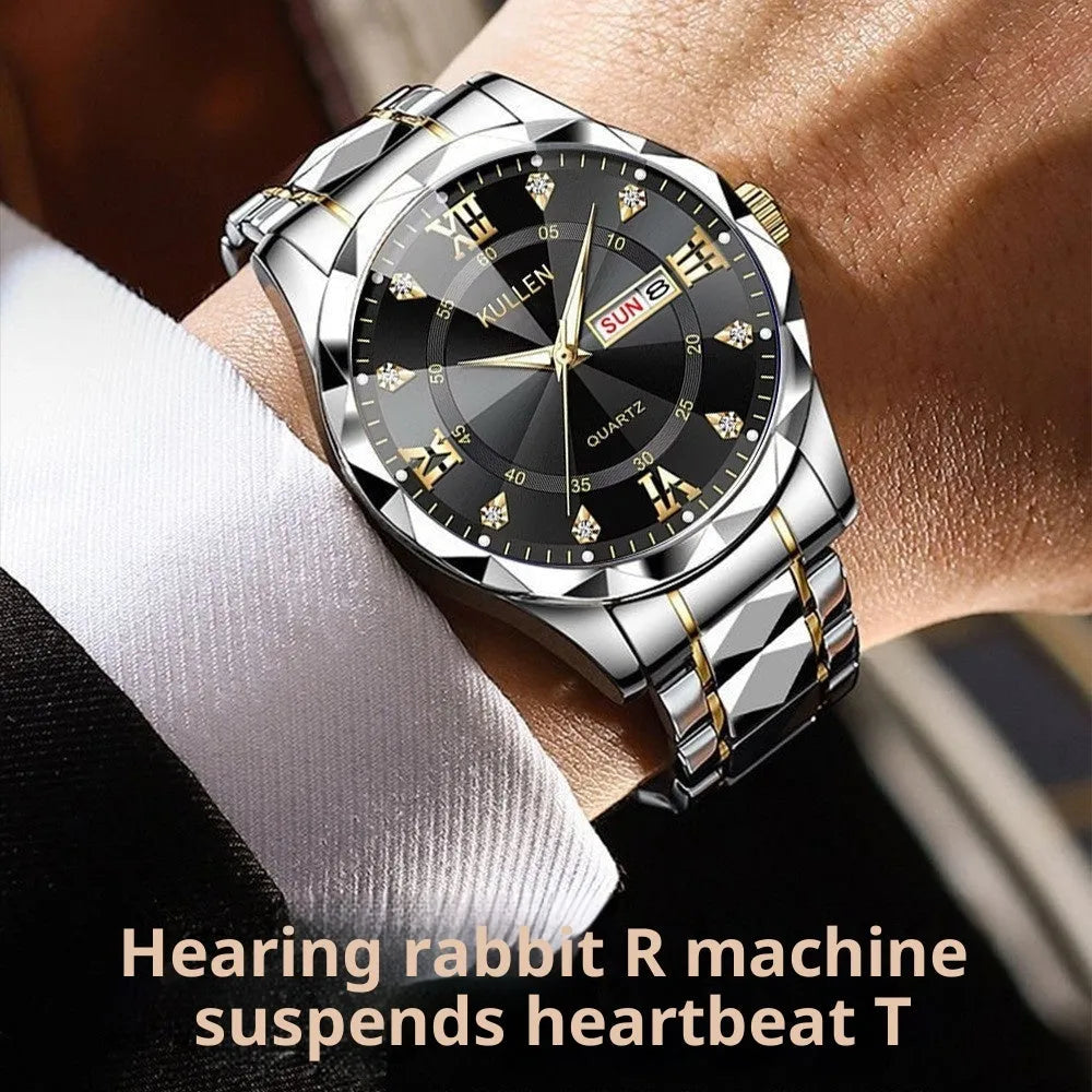 42mm round quartz watch with screw-down crown, luminous function, and single fold alloy clasp in silver and blue face