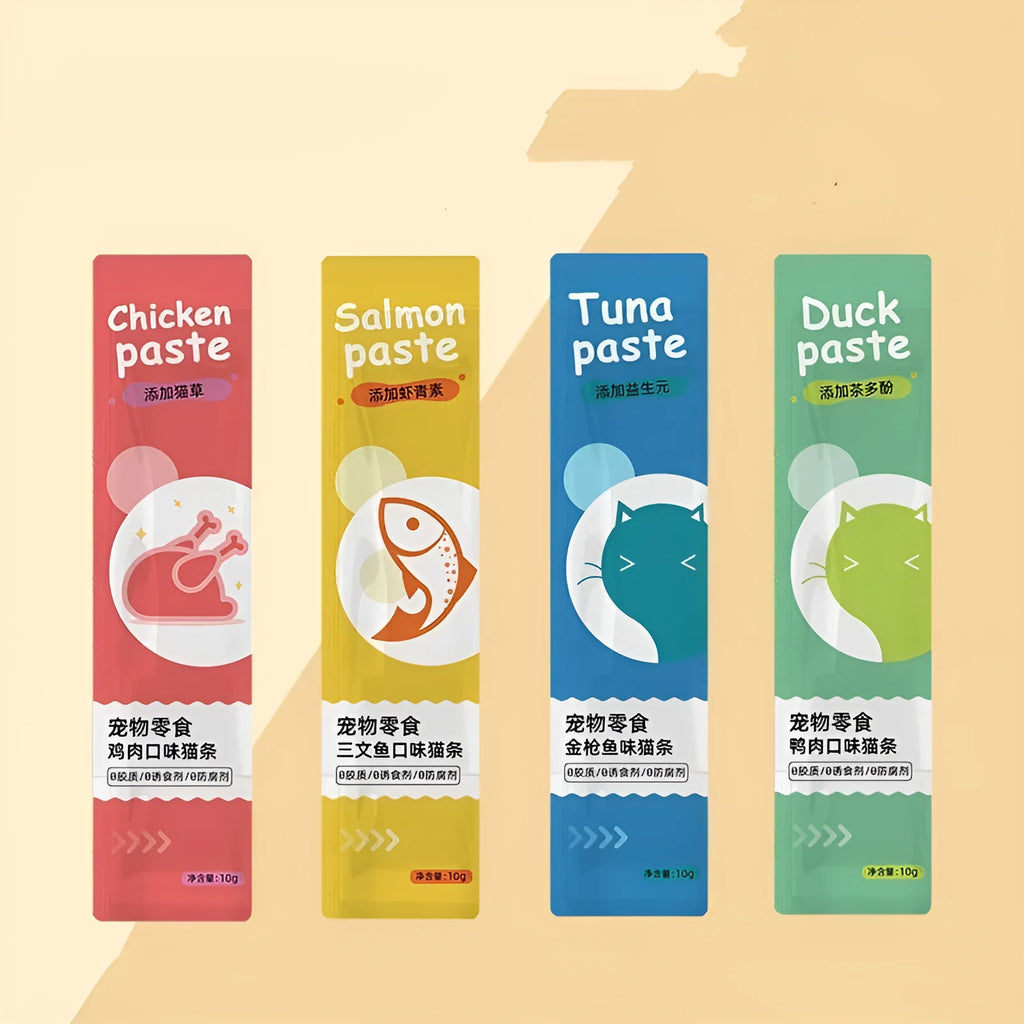 Pack of 10 cat snack strips in four flavour varieties