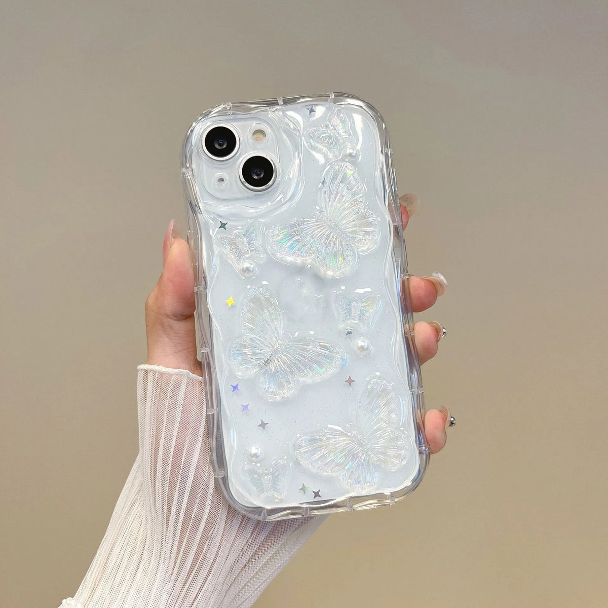 Transparent silicone iPhone case with curved cement white epoxy butterfly, drop-resistant, for iPhone 11-15 Pro Max.