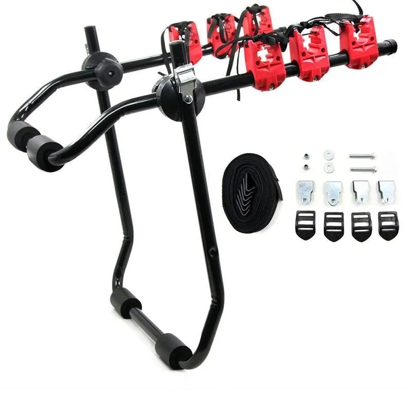 Black and red trunk mounted car bike rack with tie rope and pull belt fastening options.
