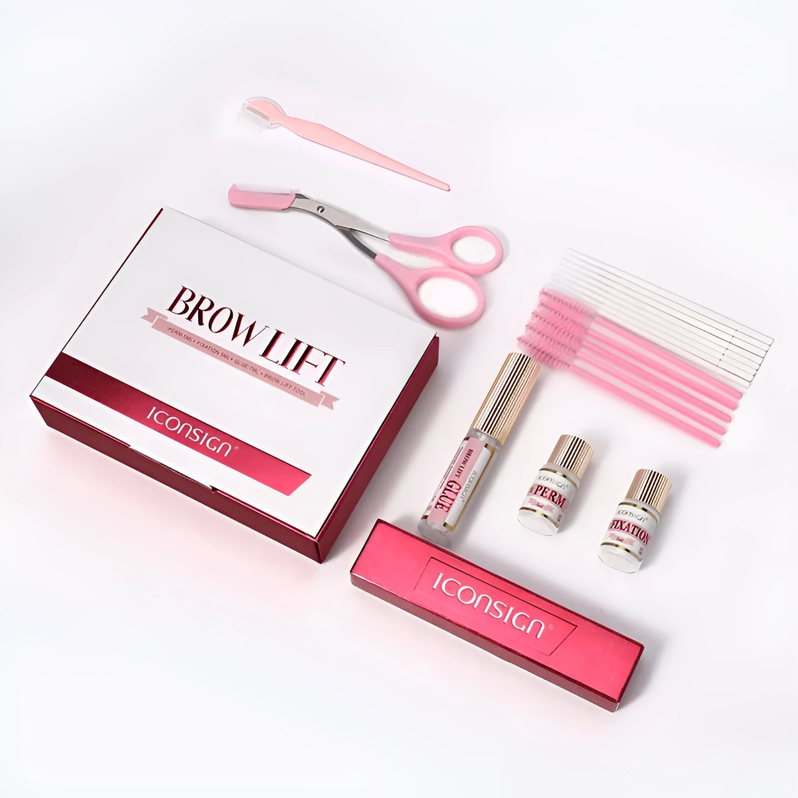 Pink eyebrow perm kit with keratin treatment solution and quick ironing suit for eyebrow styling
