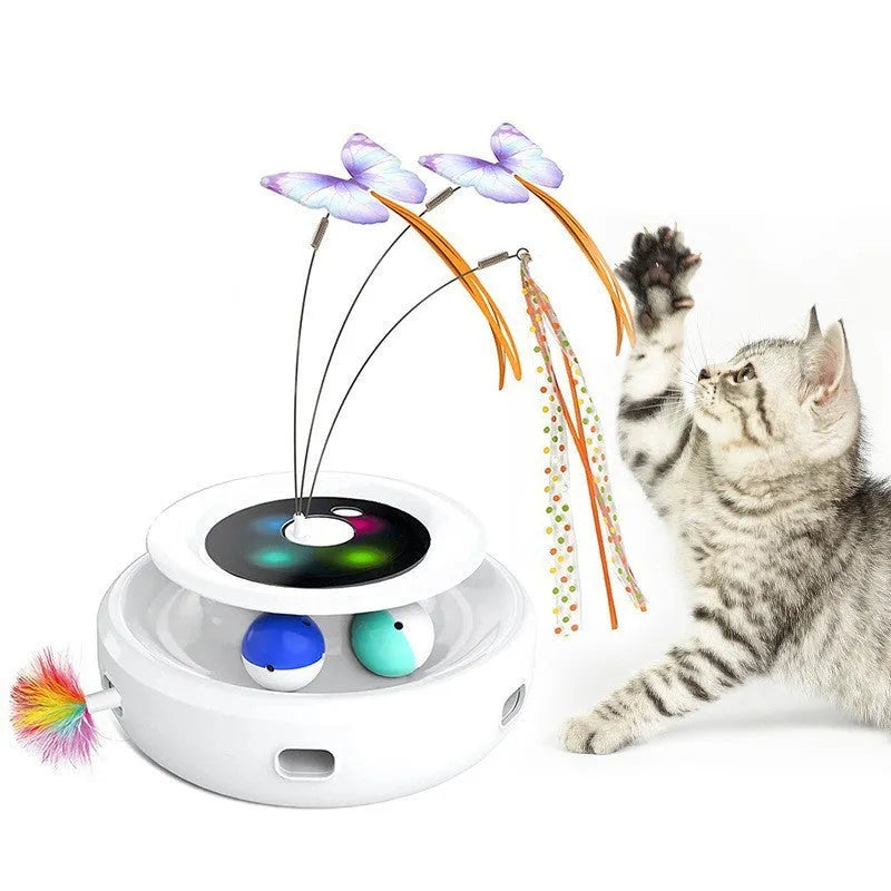 Plastic electric turntable cat toy for self-hi indoor play, shown in a colour option such as pink or white