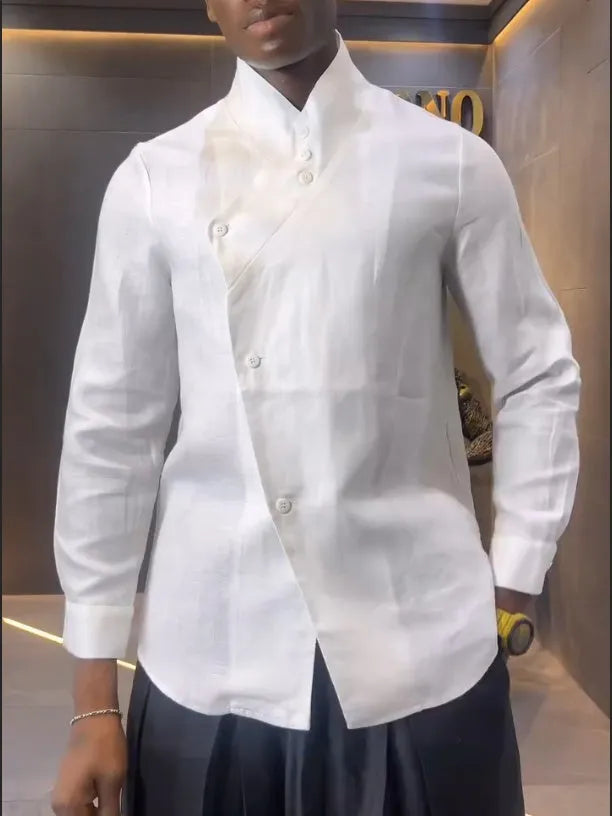 Women's white asymmetrical front long sleeve shirt with black pleated trousers casual set