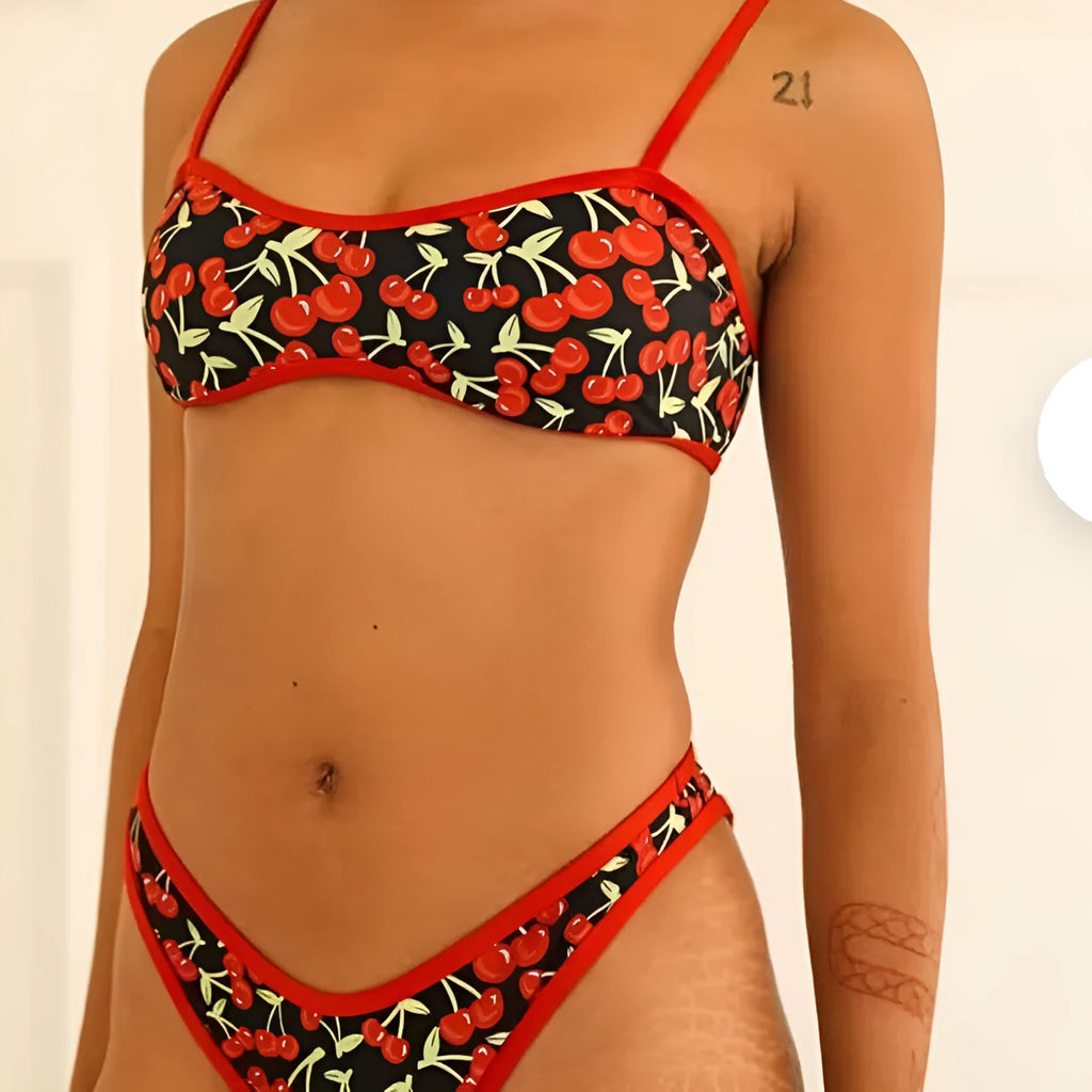 Women's cherry print tube top bikini swimsuit in polyester fabric
