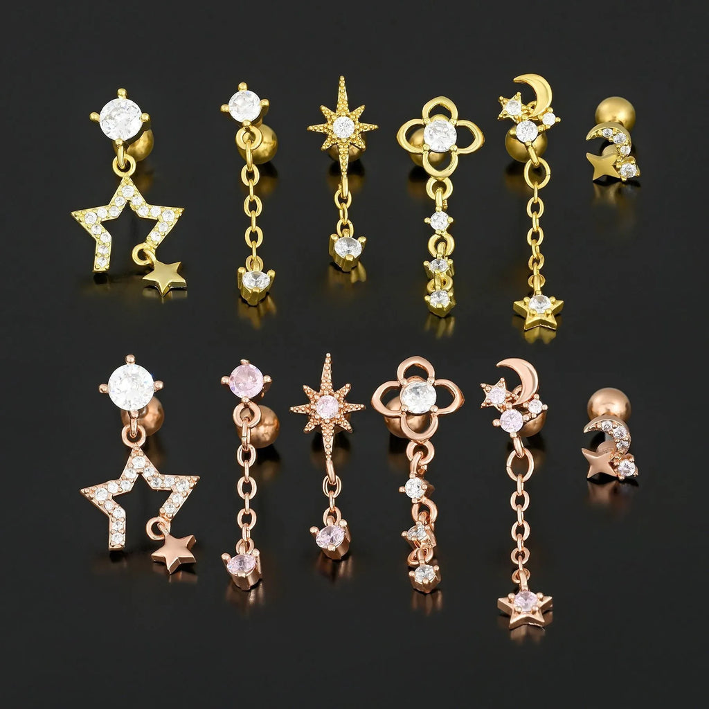 Star moon cubic zirconia pendant cartilage earring chain hoop in copper with gold finish
